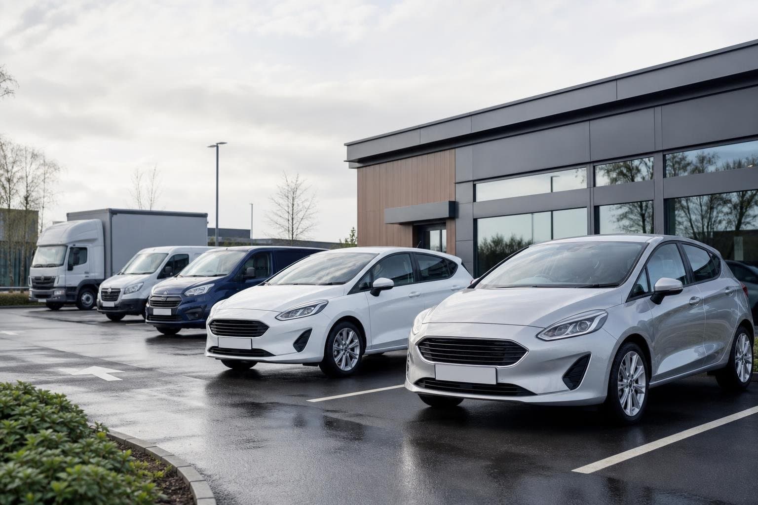 Line of compact hire cars with wider vehicle fleet in a clean forecourt setting