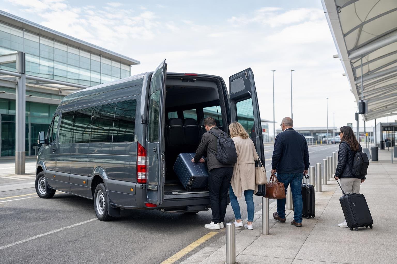 Modern minibus loading passengers and luggage near an airport pickup area
