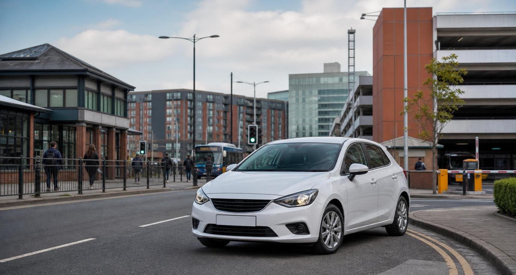 Compact hire car approaching a busy urban route in Manchester
