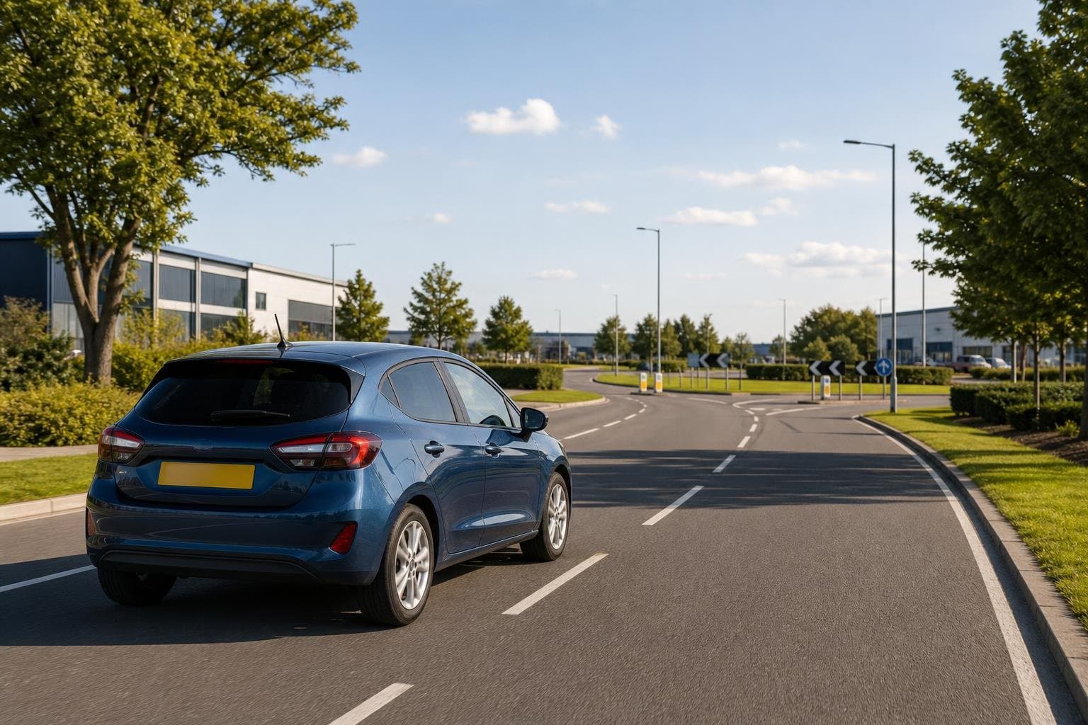 Compact hire car driving near a retail and road-link area in Chorley