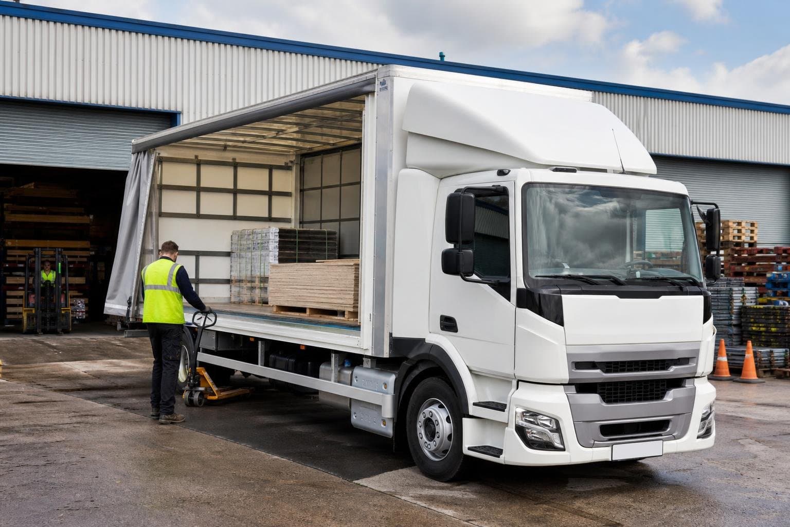 Rigid hire truck parked at an industrial unit during a delivery job
