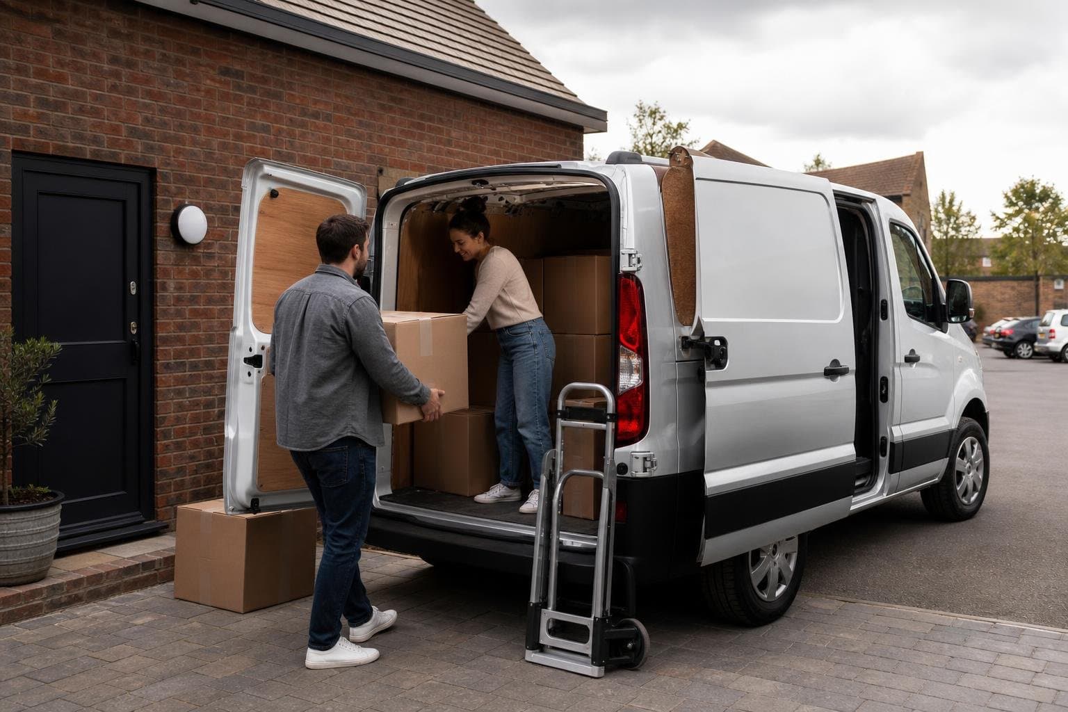 Modern rental van being loaded with boxes outside a house
